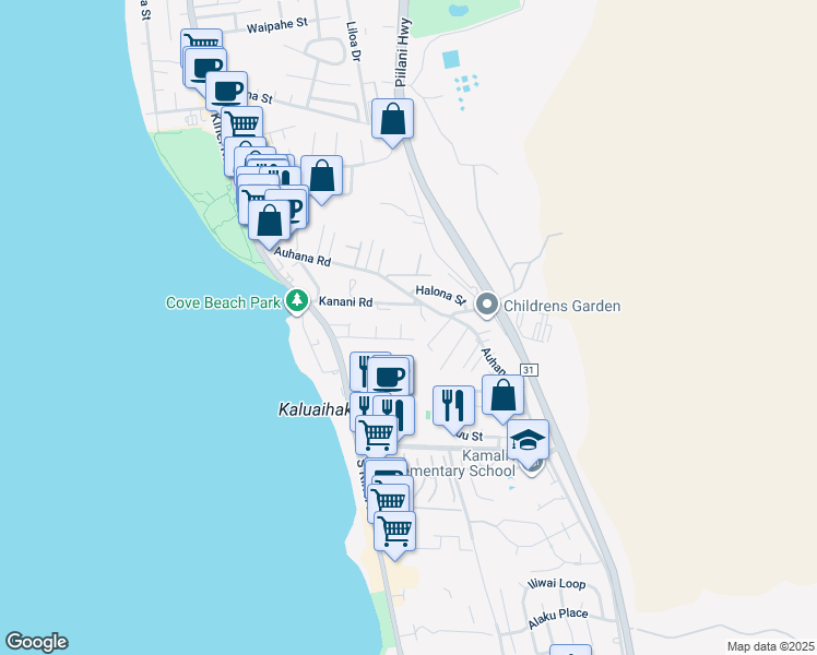 map of restaurants, bars, coffee shops, grocery stores, and more near 2140 Awihi Place in Kihei