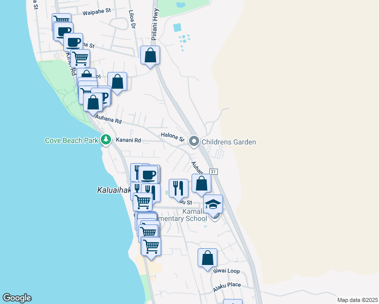map of restaurants, bars, coffee shops, grocery stores, and more near 317 Auhana Road in Kihei