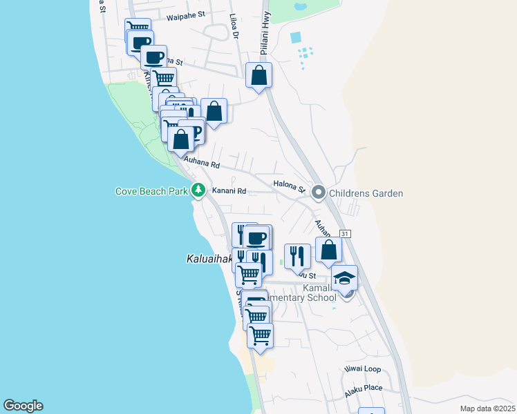 map of restaurants, bars, coffee shops, grocery stores, and more near 2141 Awihi Place in Kihei