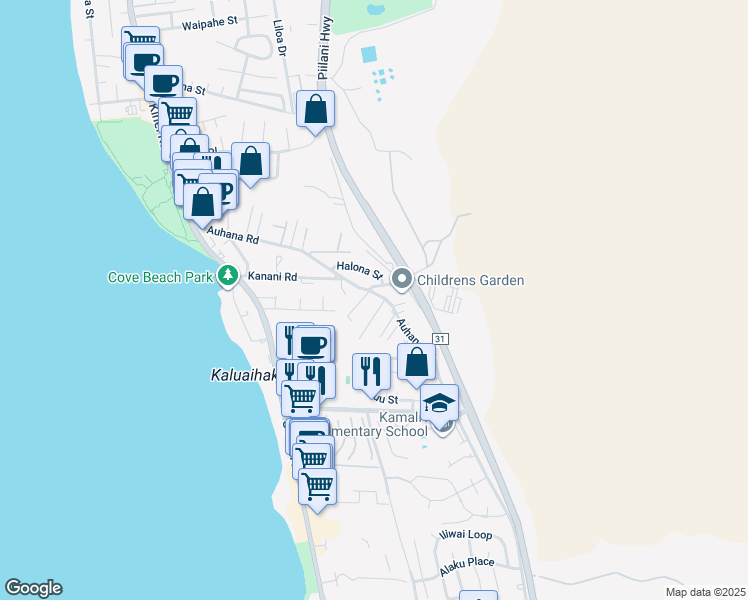 map of restaurants, bars, coffee shops, grocery stores, and more near 290 Auhana Road in Kihei