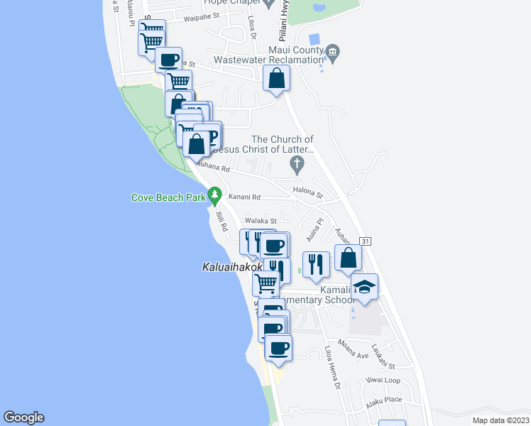 map of restaurants, bars, coffee shops, grocery stores, and more near 2199 Konou Pl in Kihei