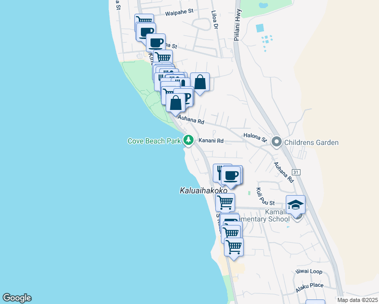 map of restaurants, bars, coffee shops, grocery stores, and more near 2128 Iliili Road in Kihei