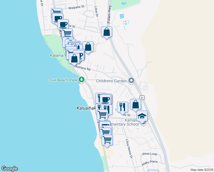 map of restaurants, bars, coffee shops, grocery stores, and more near 2140 Awihi Place in Kihei
