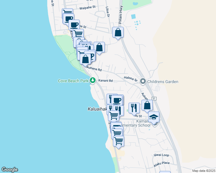 map of restaurants, bars, coffee shops, grocery stores, and more near 35 Walaka Street in Kihei