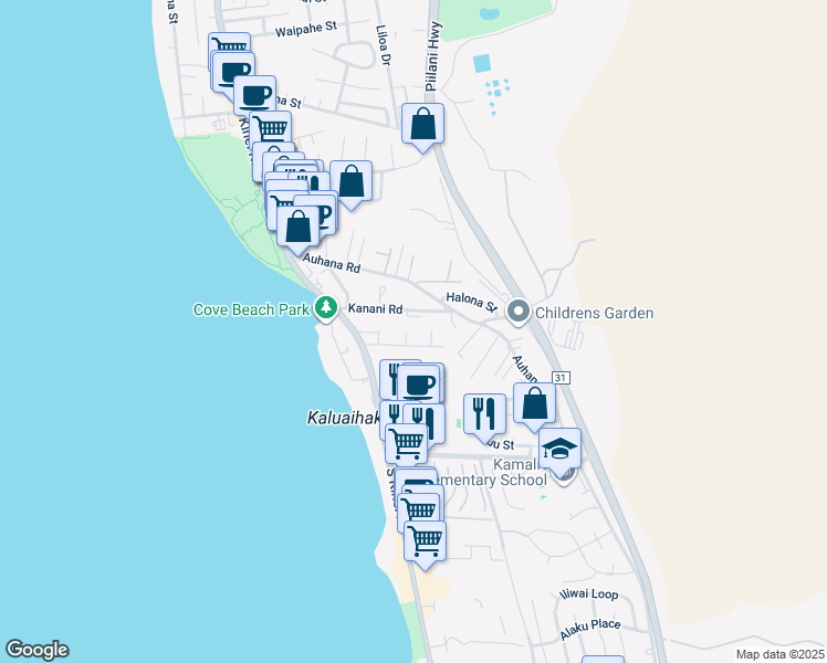 map of restaurants, bars, coffee shops, grocery stores, and more near 2136 Konou Place in Kihei