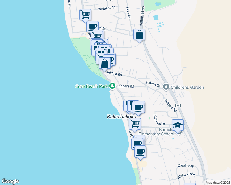 map of restaurants, bars, coffee shops, grocery stores, and more near 2131 Iliili Road in Kihei