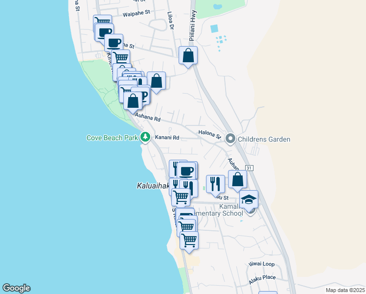 map of restaurants, bars, coffee shops, grocery stores, and more near 2136 Konou Place in Kihei