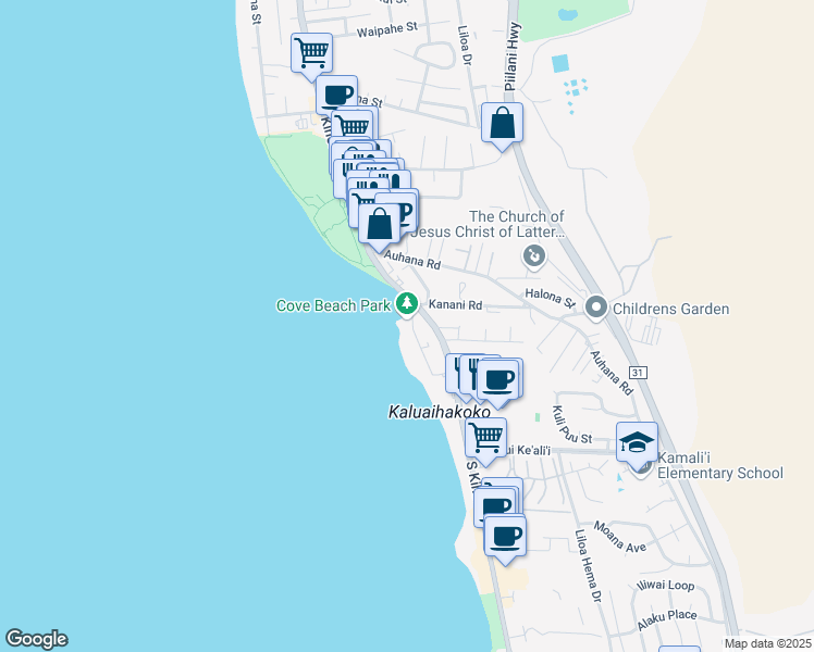 map of restaurants, bars, coffee shops, grocery stores, and more near 2130 Iliili Road in Kihei