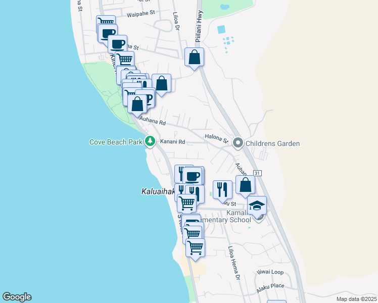 map of restaurants, bars, coffee shops, grocery stores, and more near 35 Walaka Street in Kihei