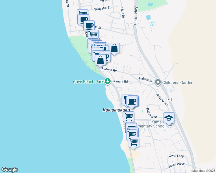 map of restaurants, bars, coffee shops, grocery stores, and more near 2128 Iliili Road in Kihei