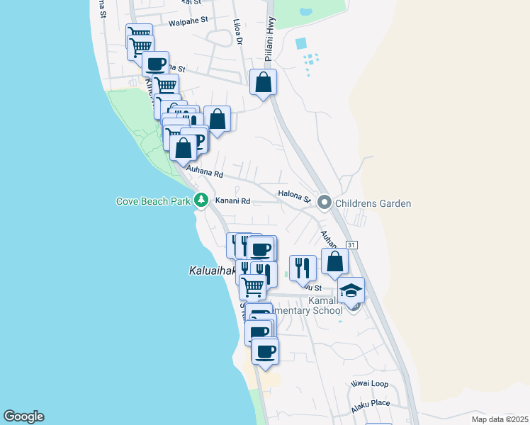 map of restaurants, bars, coffee shops, grocery stores, and more near 2125 Awihi Place in Kihei