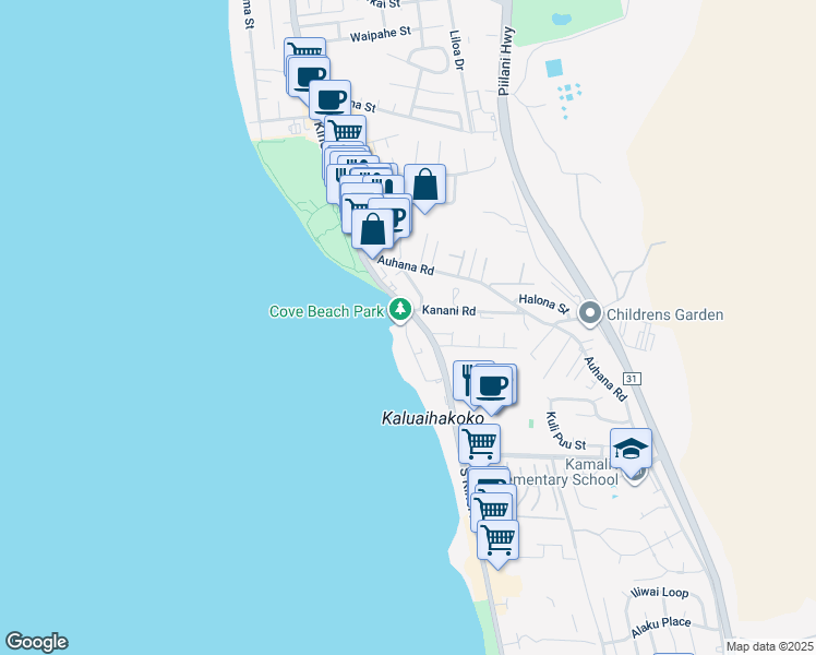 map of restaurants, bars, coffee shops, grocery stores, and more near 2121 Iliili Road in Kihei