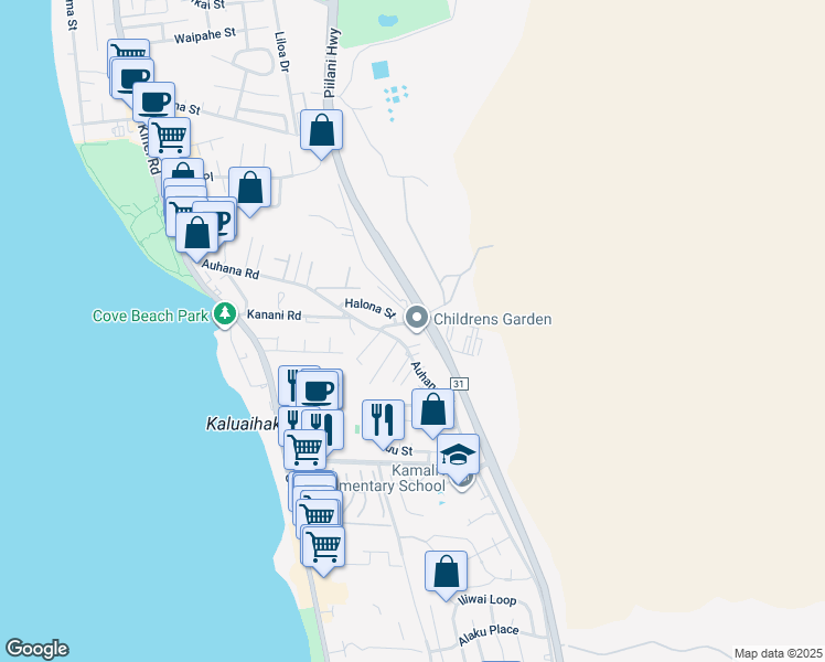 map of restaurants, bars, coffee shops, grocery stores, and more near 242 Kanani Road in Kihei
