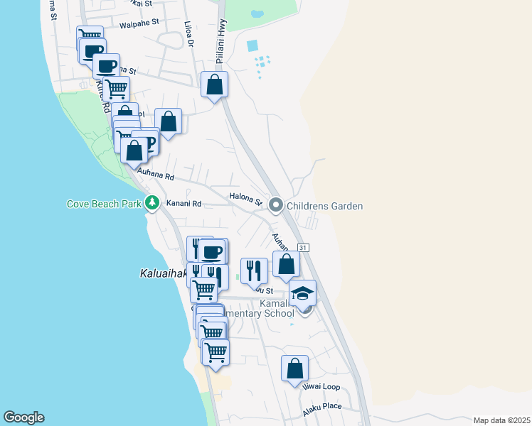 map of restaurants, bars, coffee shops, grocery stores, and more near 232 Kanani Road in Kihei