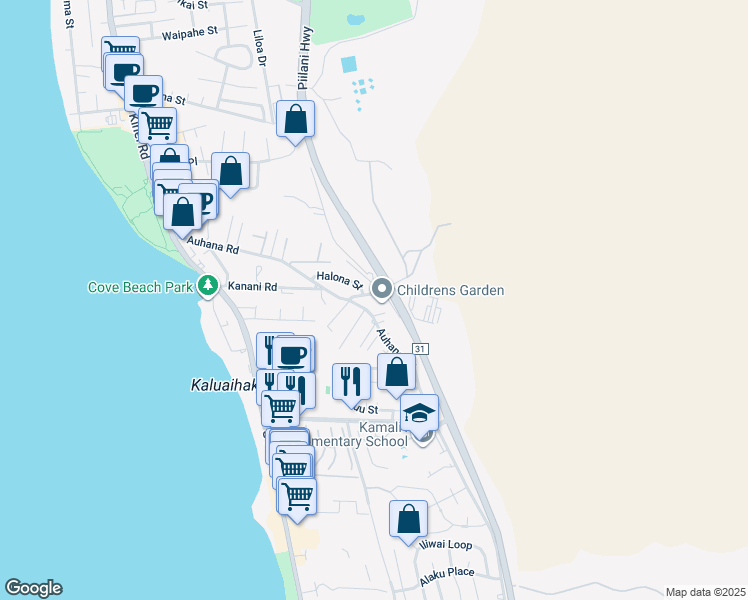 map of restaurants, bars, coffee shops, grocery stores, and more near 232 Kanani Road in Kihei