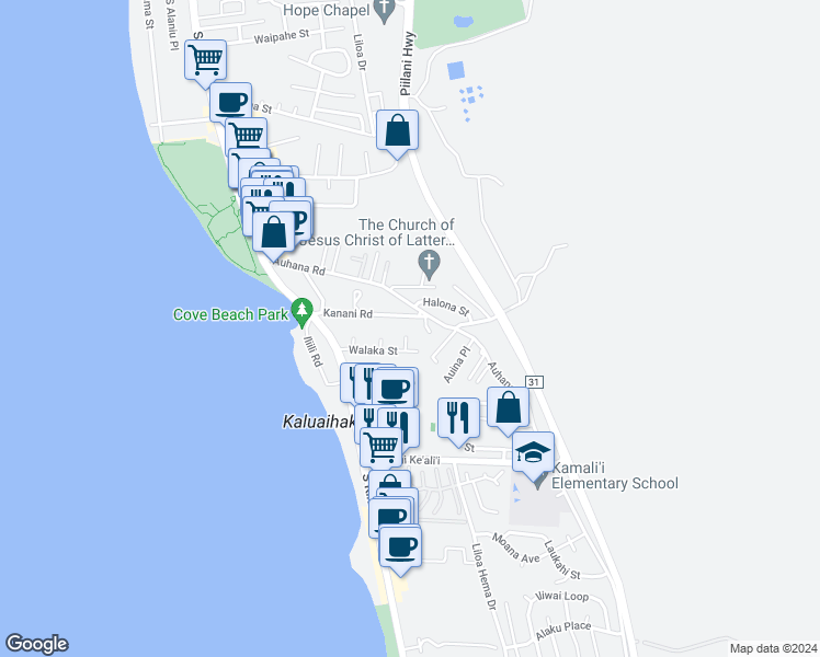 map of restaurants, bars, coffee shops, grocery stores, and more near 2124 Awihi Place in Kihei
