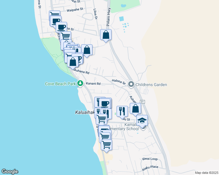 map of restaurants, bars, coffee shops, grocery stores, and more near 2124 Awihi Place in Kihei