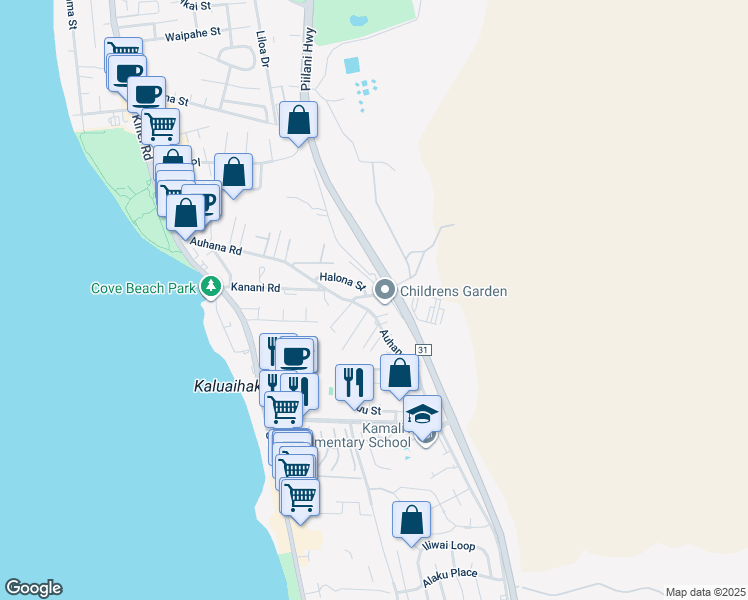 map of restaurants, bars, coffee shops, grocery stores, and more near 232 Kanani Road in Kihei