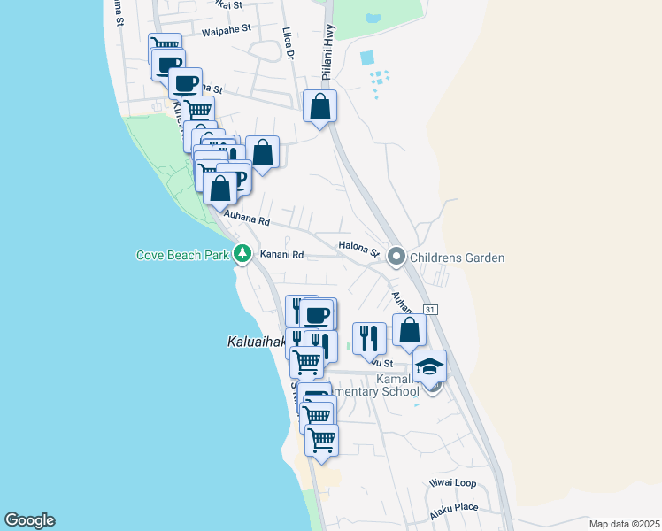 map of restaurants, bars, coffee shops, grocery stores, and more near 2124 Awihi Place in Kihei