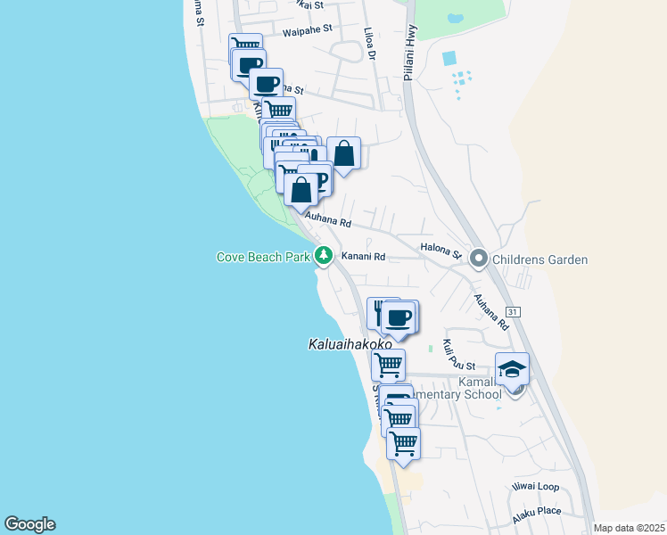 map of restaurants, bars, coffee shops, grocery stores, and more near 2121 Iliili Road in Kihei