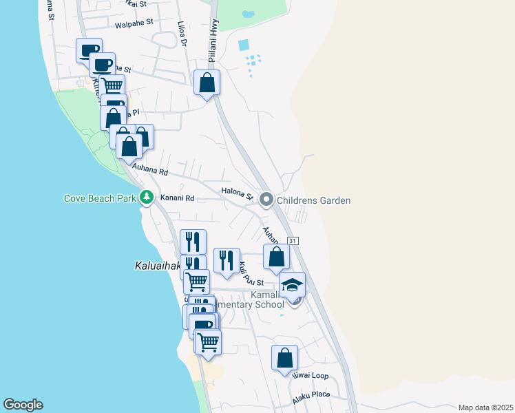 map of restaurants, bars, coffee shops, grocery stores, and more near Kanani Road in Kihei