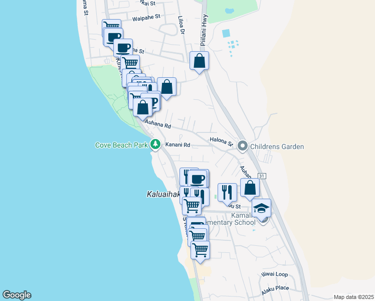 map of restaurants, bars, coffee shops, grocery stores, and more near 82 Kanani Road in Kihei