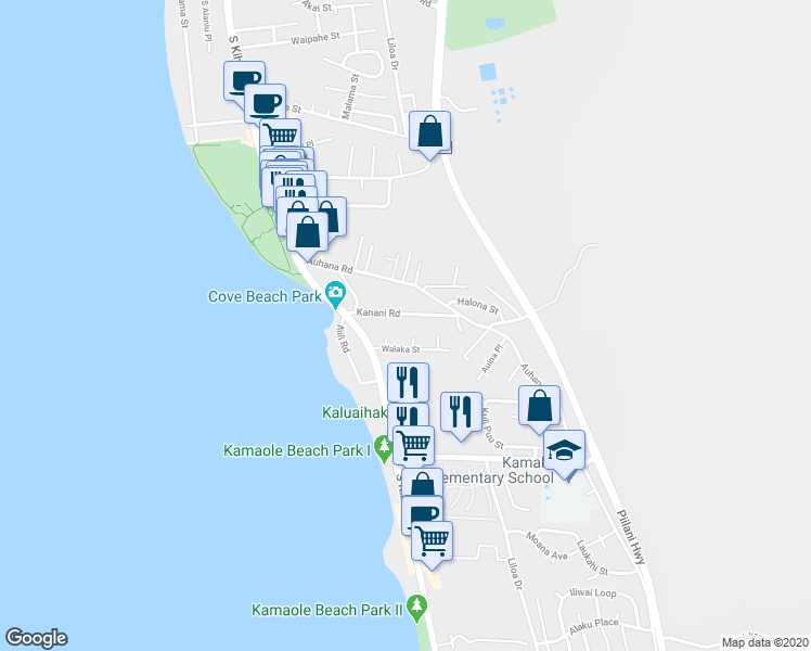 map of restaurants, bars, coffee shops, grocery stores, and more near 82 Kanani Road in Kihei