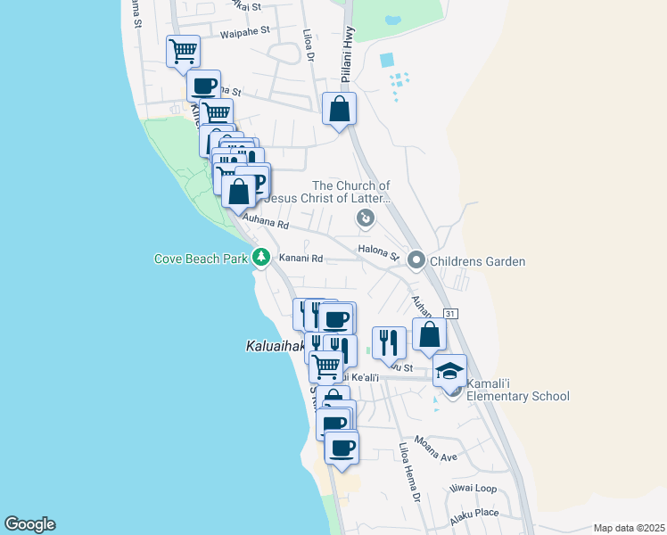 map of restaurants, bars, coffee shops, grocery stores, and more near 108 Kanani Road in Kihei