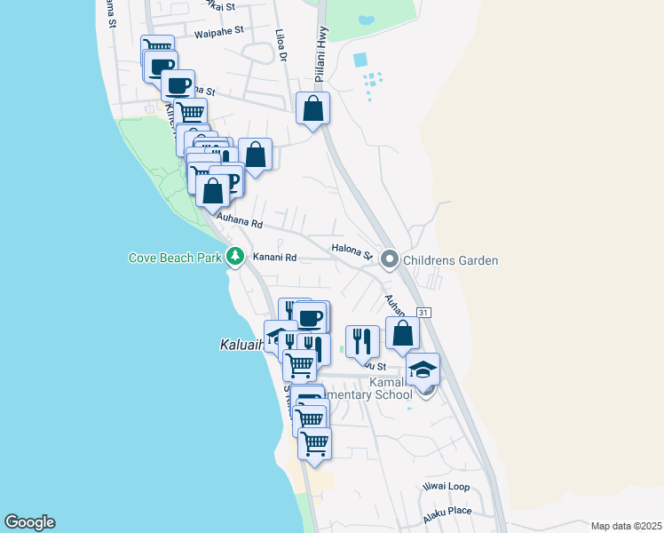 map of restaurants, bars, coffee shops, grocery stores, and more near 2138 Wai-Maka Place in Kihei