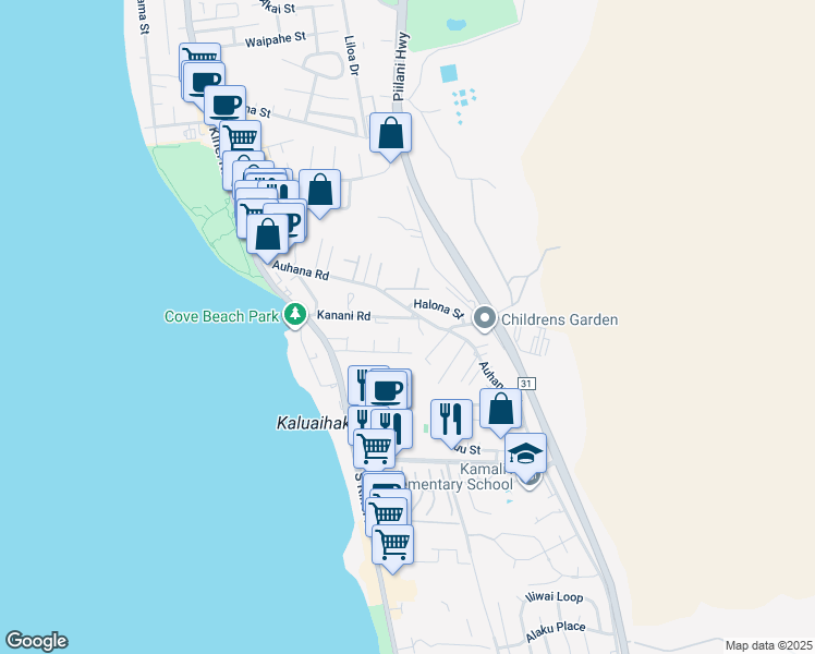 map of restaurants, bars, coffee shops, grocery stores, and more near 2124 Awihi Place in Kihei
