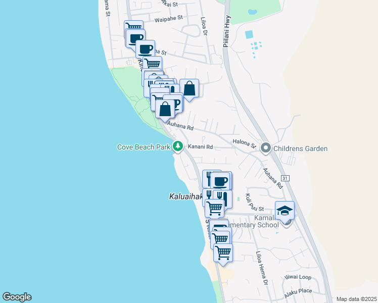 map of restaurants, bars, coffee shops, grocery stores, and more near 44 Kanani Road in Kihei