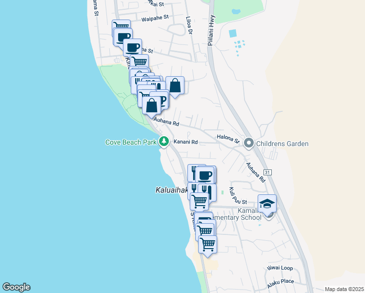 map of restaurants, bars, coffee shops, grocery stores, and more near 44 Kanani Road in Kihei