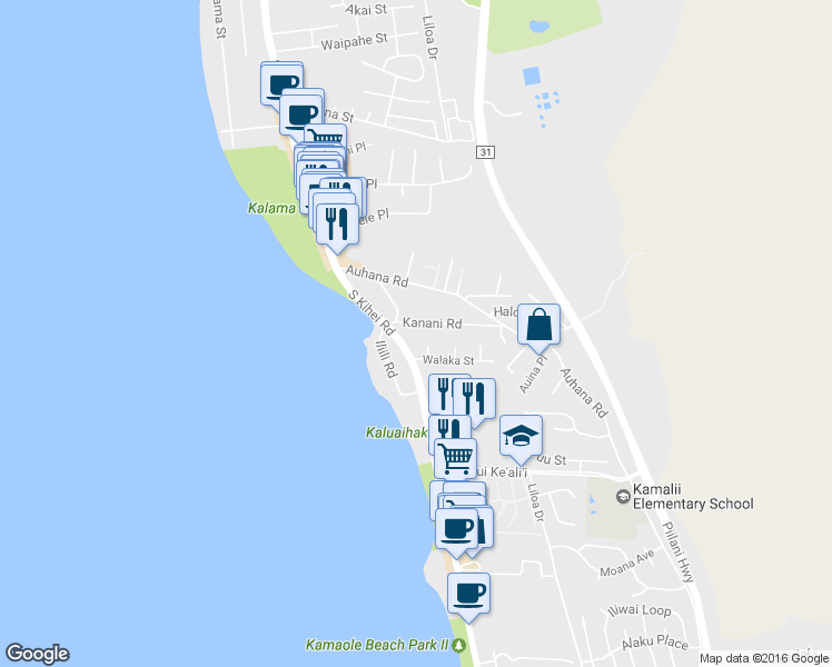 map of restaurants, bars, coffee shops, grocery stores, and more near 44 Kanani Road in Kihei