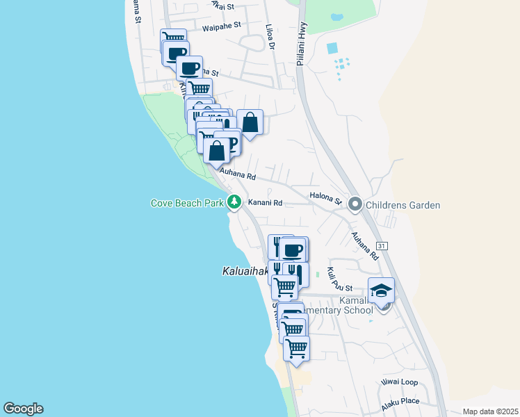 map of restaurants, bars, coffee shops, grocery stores, and more near 44 Kanani Road in Kihei