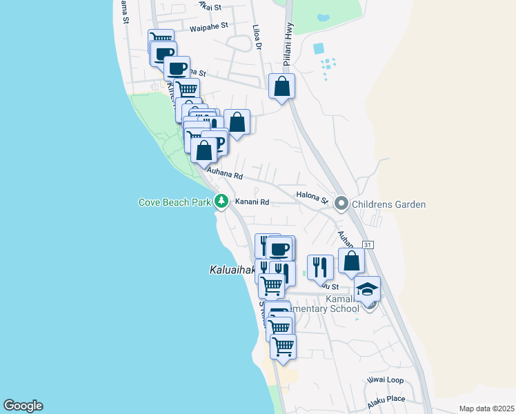 map of restaurants, bars, coffee shops, grocery stores, and more near 44 Kanani Road in Kihei