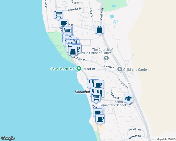 map of restaurants, bars, coffee shops, grocery stores, and more near 44 Kanani Road in Kihei