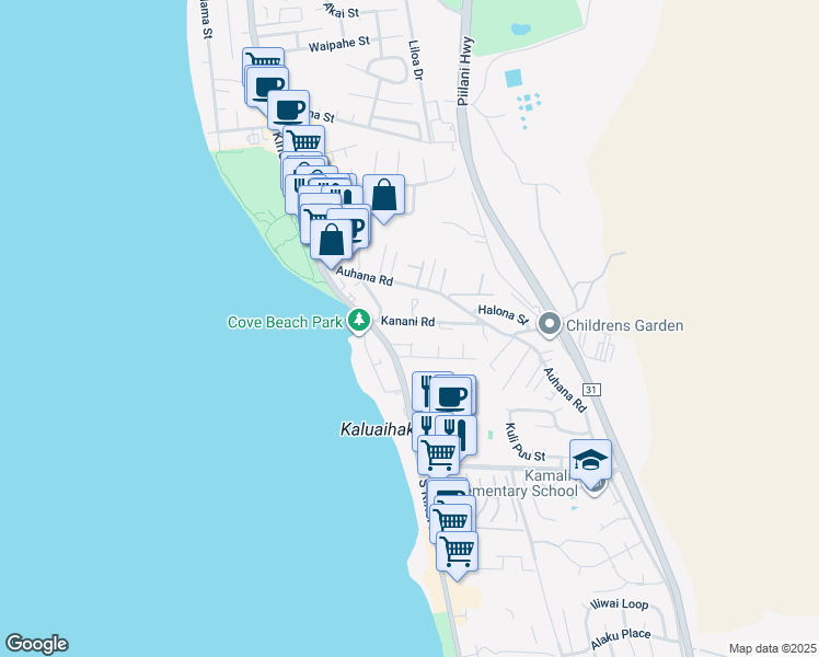 map of restaurants, bars, coffee shops, grocery stores, and more near 44 Kanani Road in Kihei