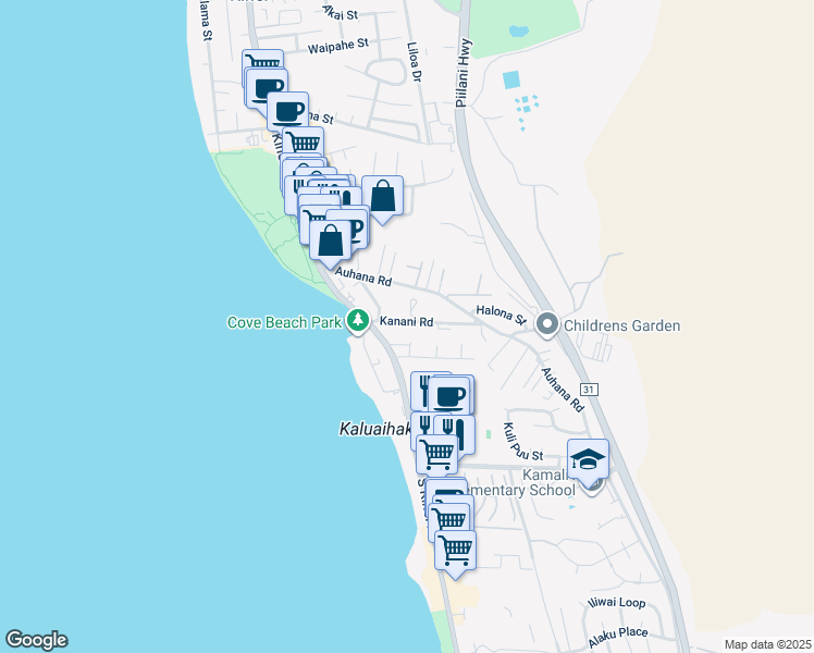 map of restaurants, bars, coffee shops, grocery stores, and more near 44 Kanani Road in Kihei