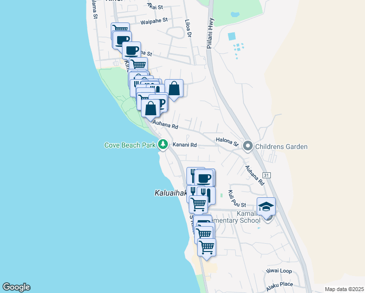 map of restaurants, bars, coffee shops, grocery stores, and more near 44 Kanani Road in Kihei