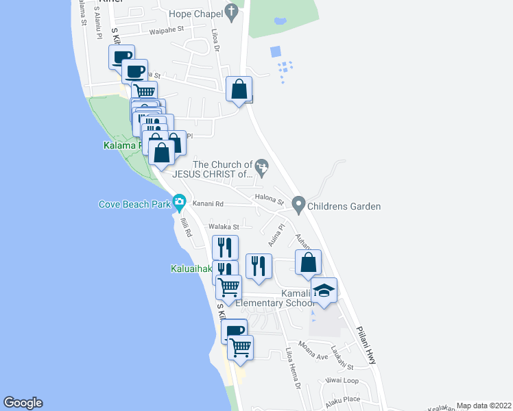map of restaurants, bars, coffee shops, grocery stores, and more near Kanani Road in Kihei