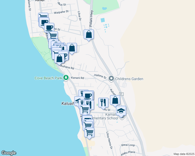 map of restaurants, bars, coffee shops, grocery stores, and more near 165 Kanani Road in Kihei