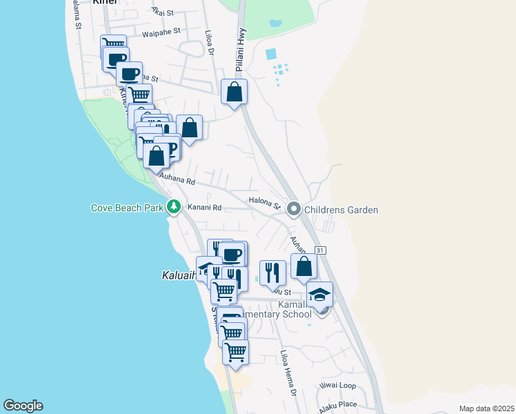 map of restaurants, bars, coffee shops, grocery stores, and more near 165 Kanani Road in Kihei