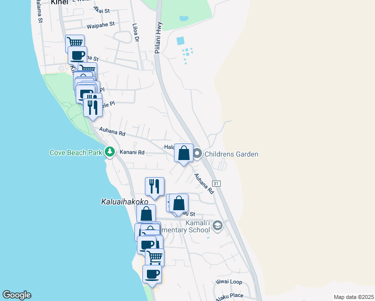 map of restaurants, bars, coffee shops, grocery stores, and more near 209 Halona Street in Kihei