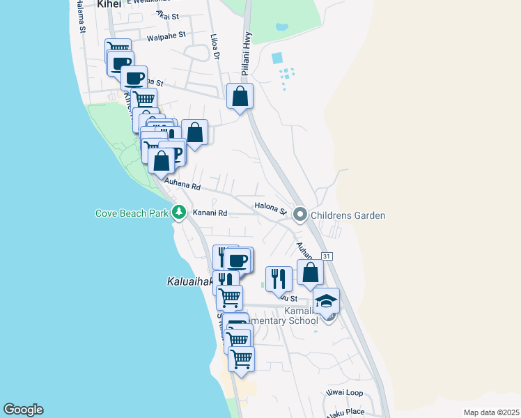 map of restaurants, bars, coffee shops, grocery stores, and more near 162 Halona Street in Kihei
