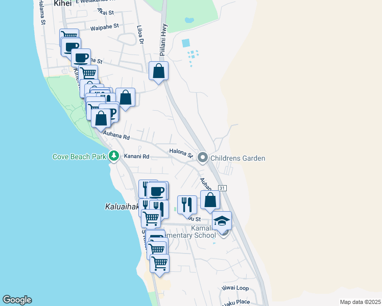 map of restaurants, bars, coffee shops, grocery stores, and more near 209 Halona Street in Kihei