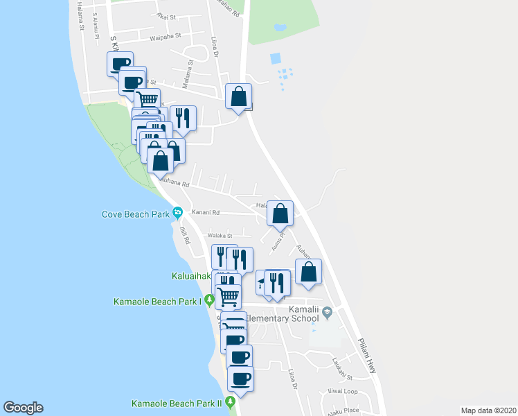 map of restaurants, bars, coffee shops, grocery stores, and more near 162 Halona Street in Kihei