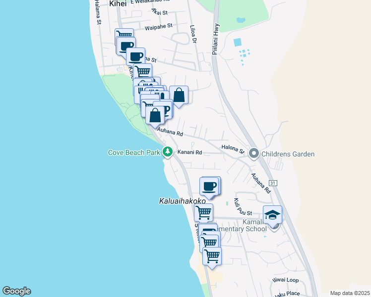 map of restaurants, bars, coffee shops, grocery stores, and more near 45 Kanani Road in Kihei