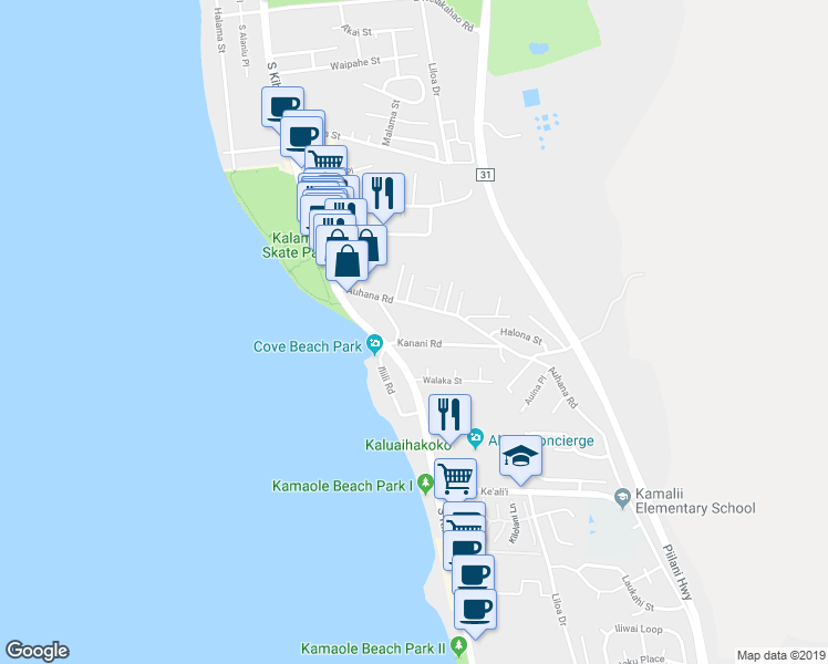 map of restaurants, bars, coffee shops, grocery stores, and more near 45 Kanani Road in Kihei