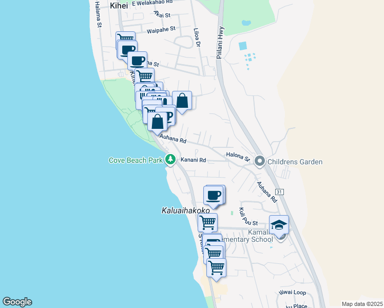 map of restaurants, bars, coffee shops, grocery stores, and more near 45 Kanani Road in Kihei