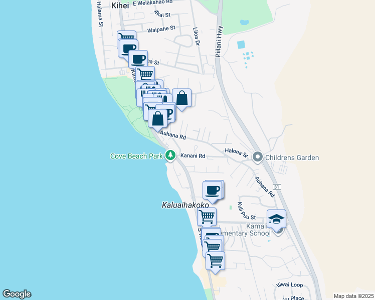map of restaurants, bars, coffee shops, grocery stores, and more near 45 Kanani Road in Kihei